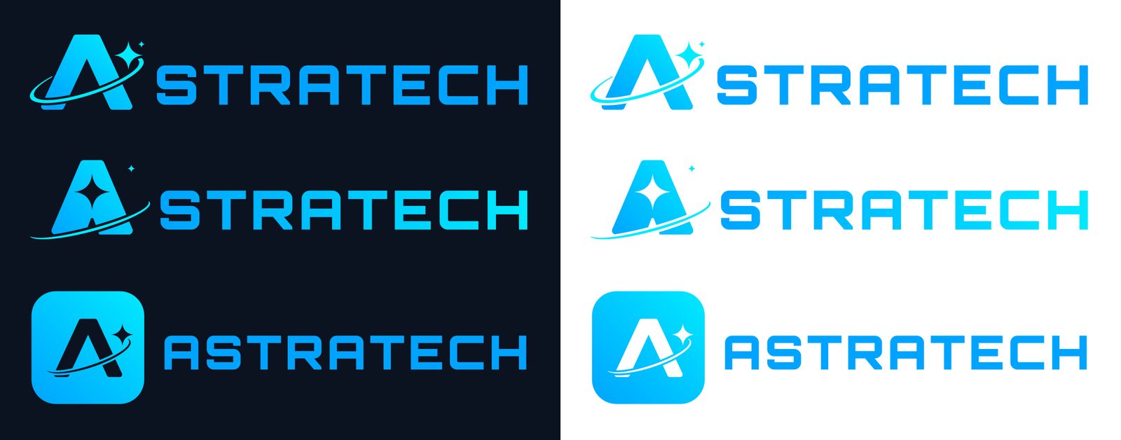 Astratech logo in three variants (wordmark, A symbol and app icon) on a dark and a white background