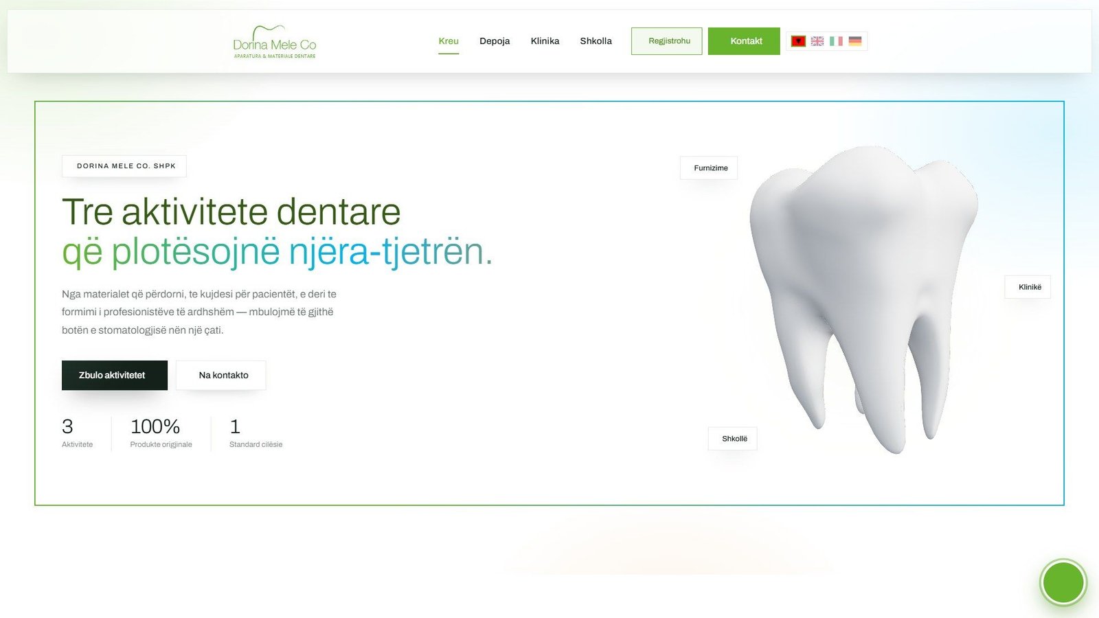 Startseite von Dorina Mele Co. mit dem 3D-Zahn und der Überschrift zu den drei Dentalbereichen