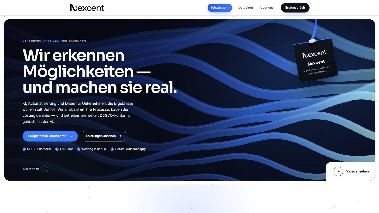 Startseite von Nexcent mit dunkelblauem Hero und der Überschrift „Wir erkennen Möglichkeiten — und machen sie real“